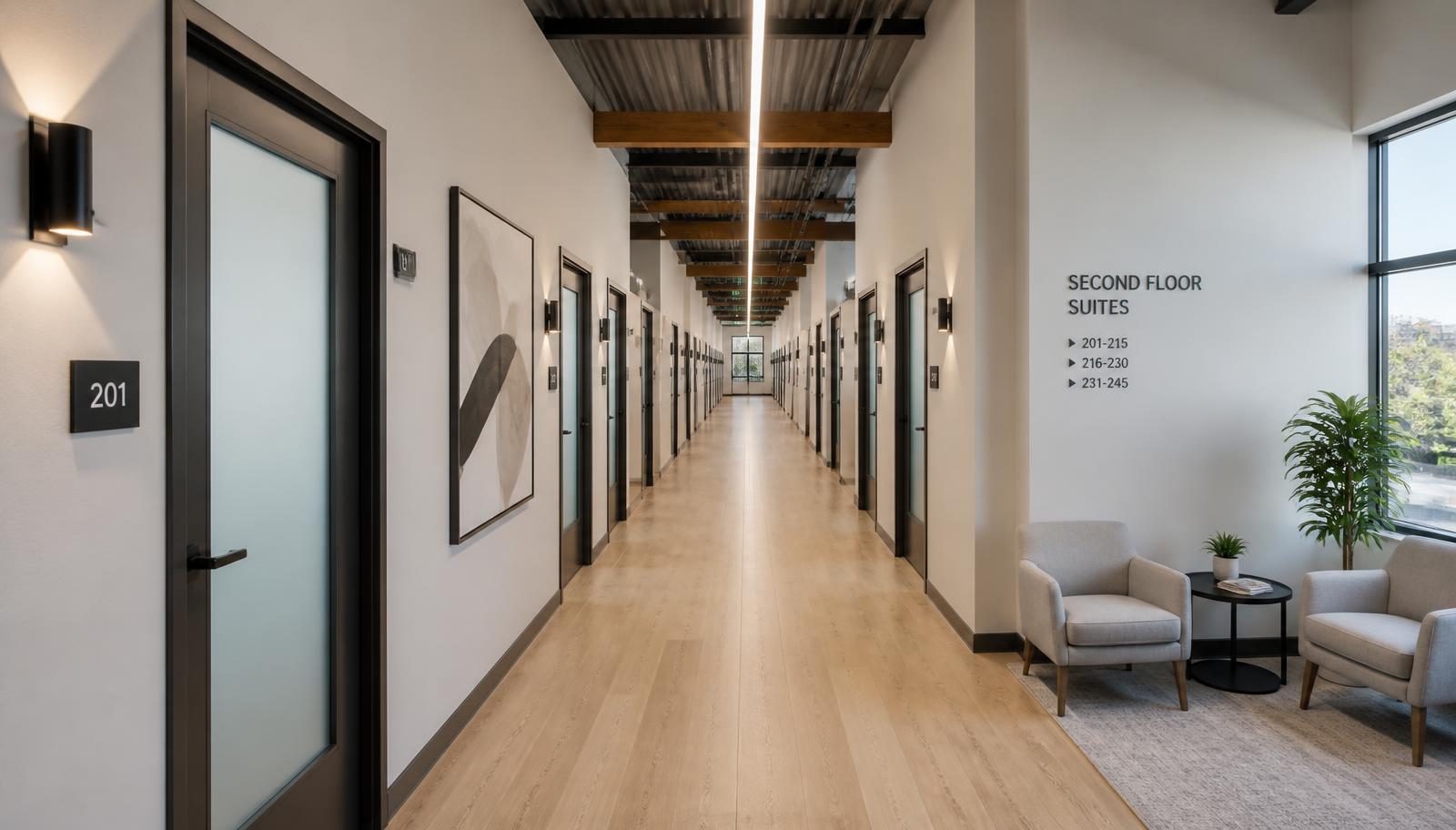 Concept rendering of the second-floor suite corridor with frosted-glass doors
